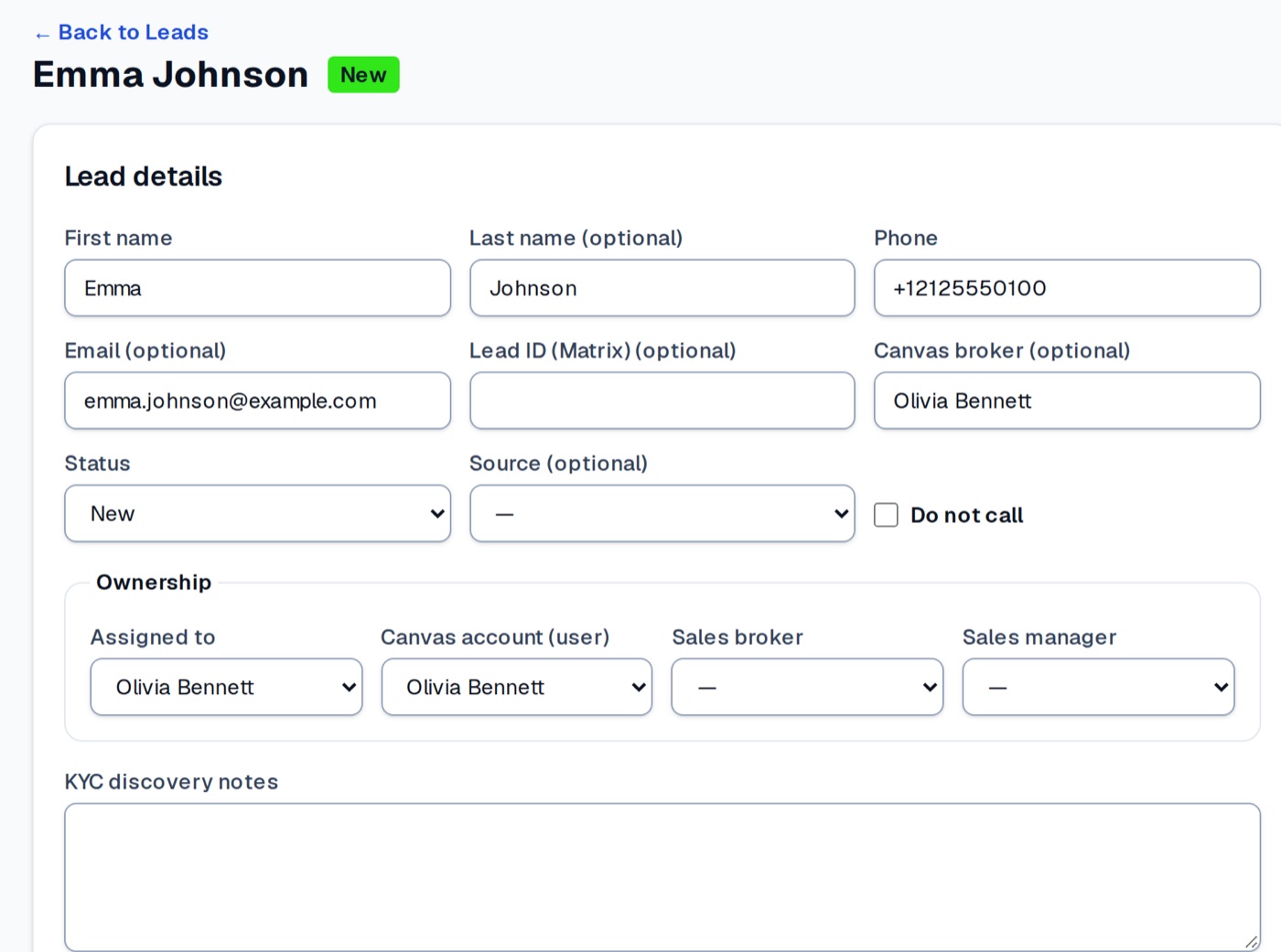 Lead record with details and owners (demo data)