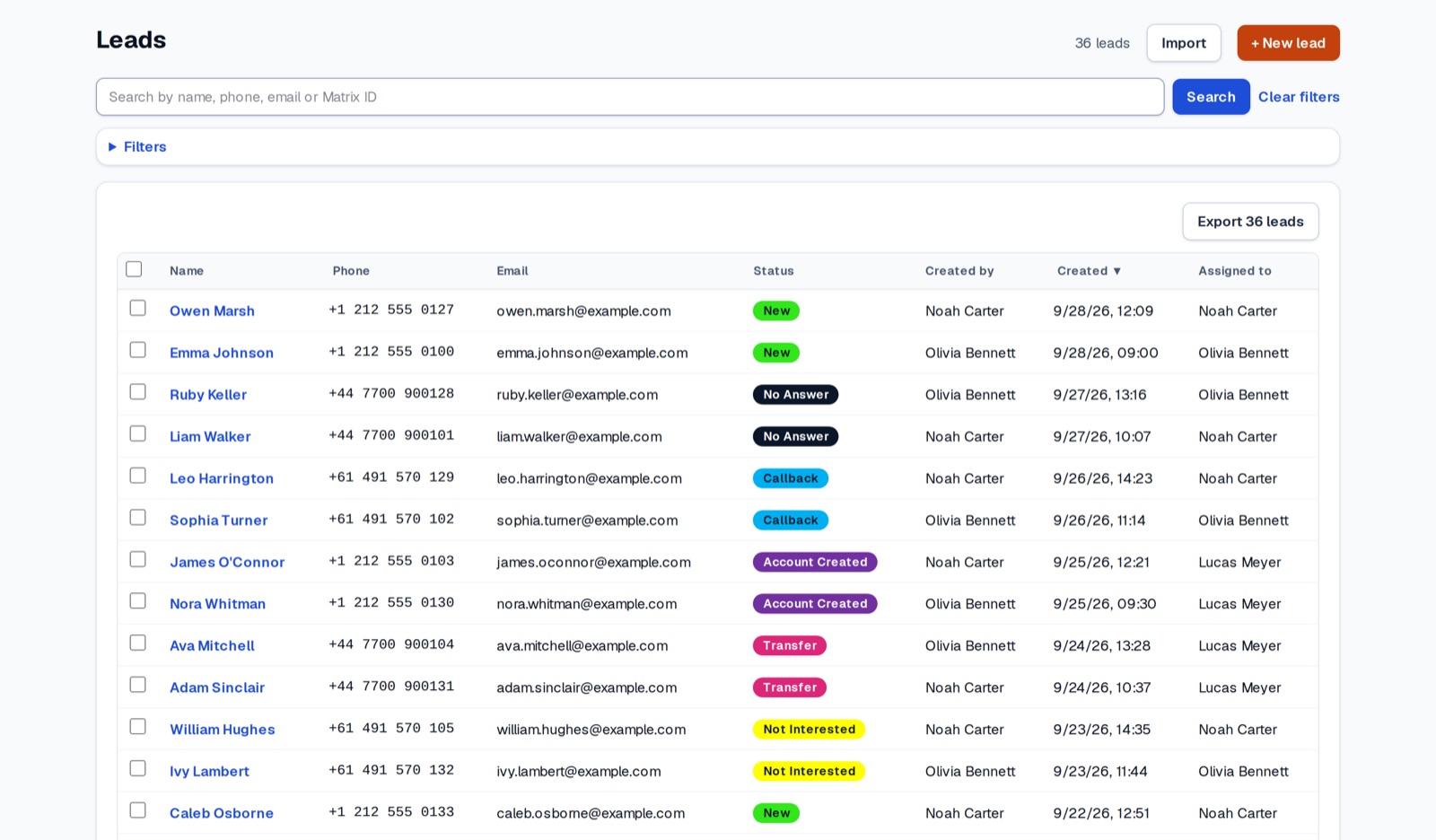 Viso360 lead list with statuses, owners and search (demo data)