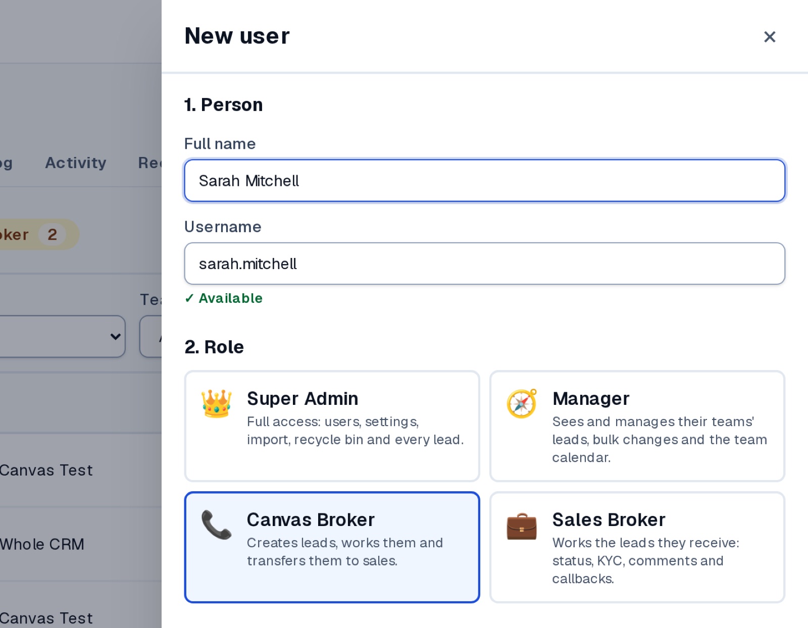 New-user panel with suggested username and role cards
